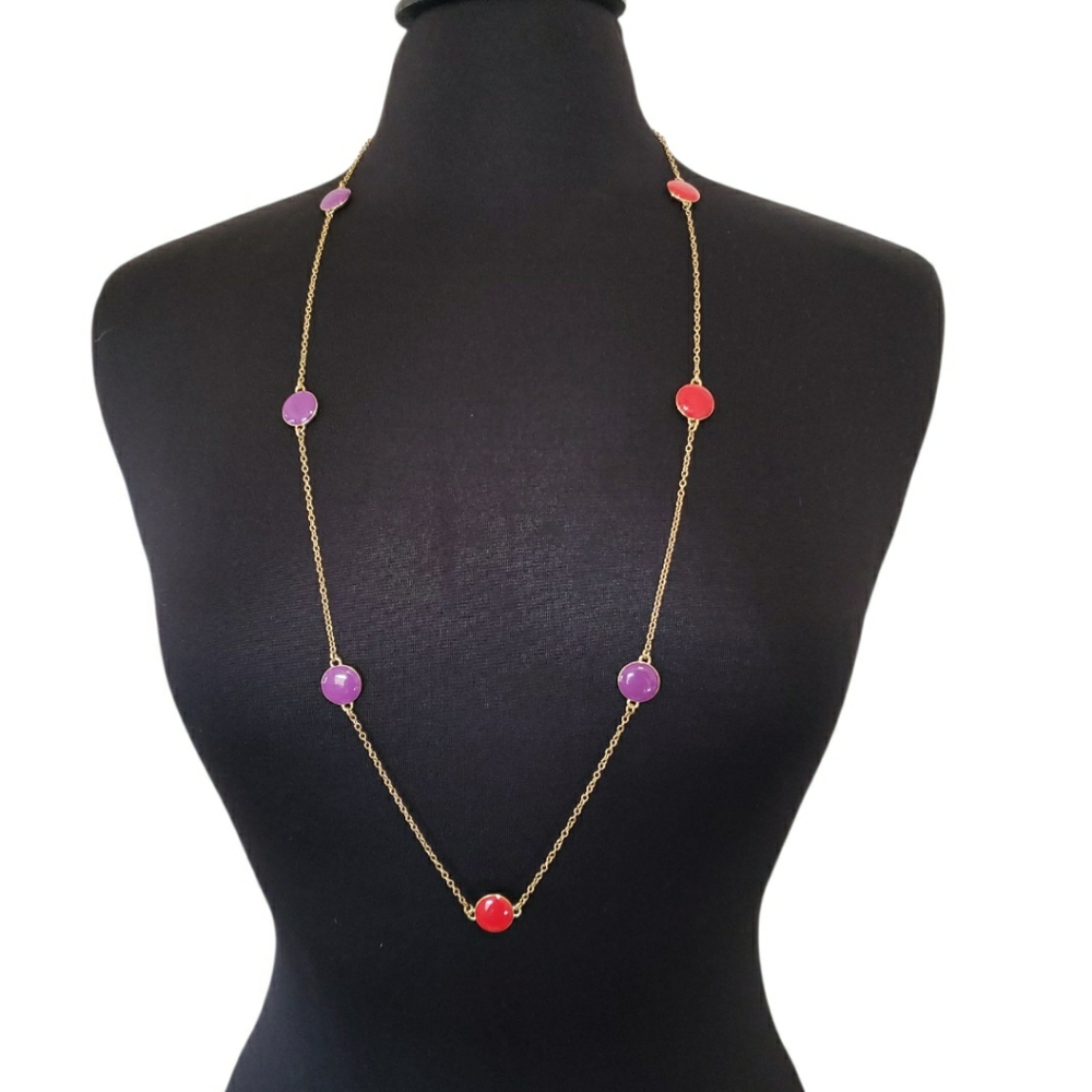 Kate Spade NY Purple And Red Enamel Reversible Long Necklace Gold Tone Chain